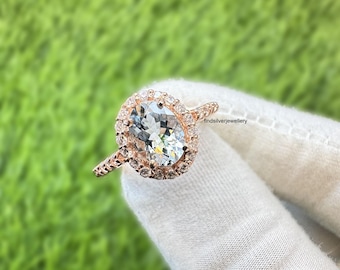 Anillo de aguamarina azul, anillo con halo, piedra natal de marzo, plata de ley 925, anillo de dama de honor, anillo apilable, aguamarina de corte ovalado, anillo llamativo