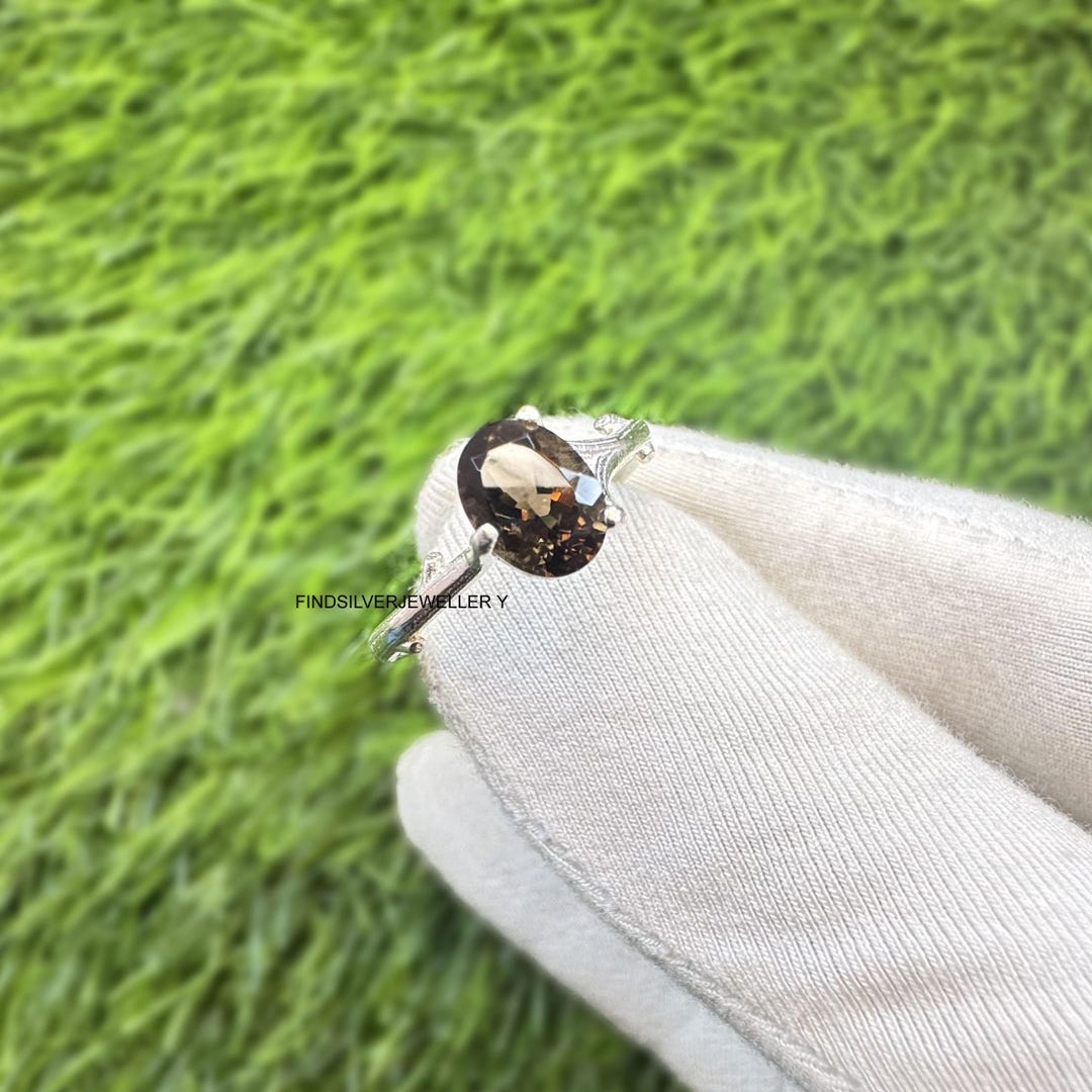 Bague Solitaire Vintage Quartz Fumé Argent 925 - Taille 6 (ovale) - G Lo
