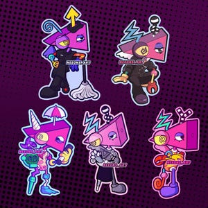 Op de afbeelding: Vijf cartoonstickers met driehoekige personages met roze gezichten en spiraalvormige ogen. Elk personage toont unieke accessoires zoals een dweil, paraplu of klauw, met de tekst NEEONS_ART zichtbaar op elk individueel stickerontwerp.