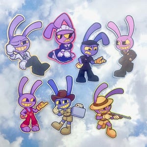 May include: A collection of seven cartoon stickers featuring purple rabbits in various outfits. The rabbits have yellow eyes and teeth, and are dressed as a maid, a businessman, a cowboy, and more. The background is a light blue sky with fluffy white clouds.