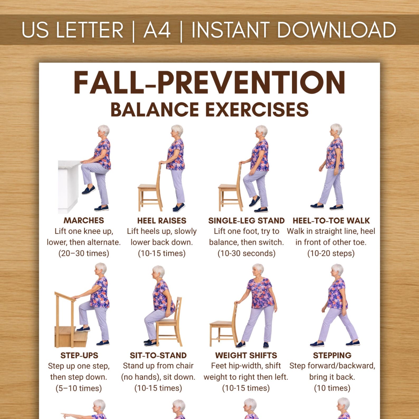 Fall Prevention Balance Exercises for Seniors Printable PDF | Chair ...
