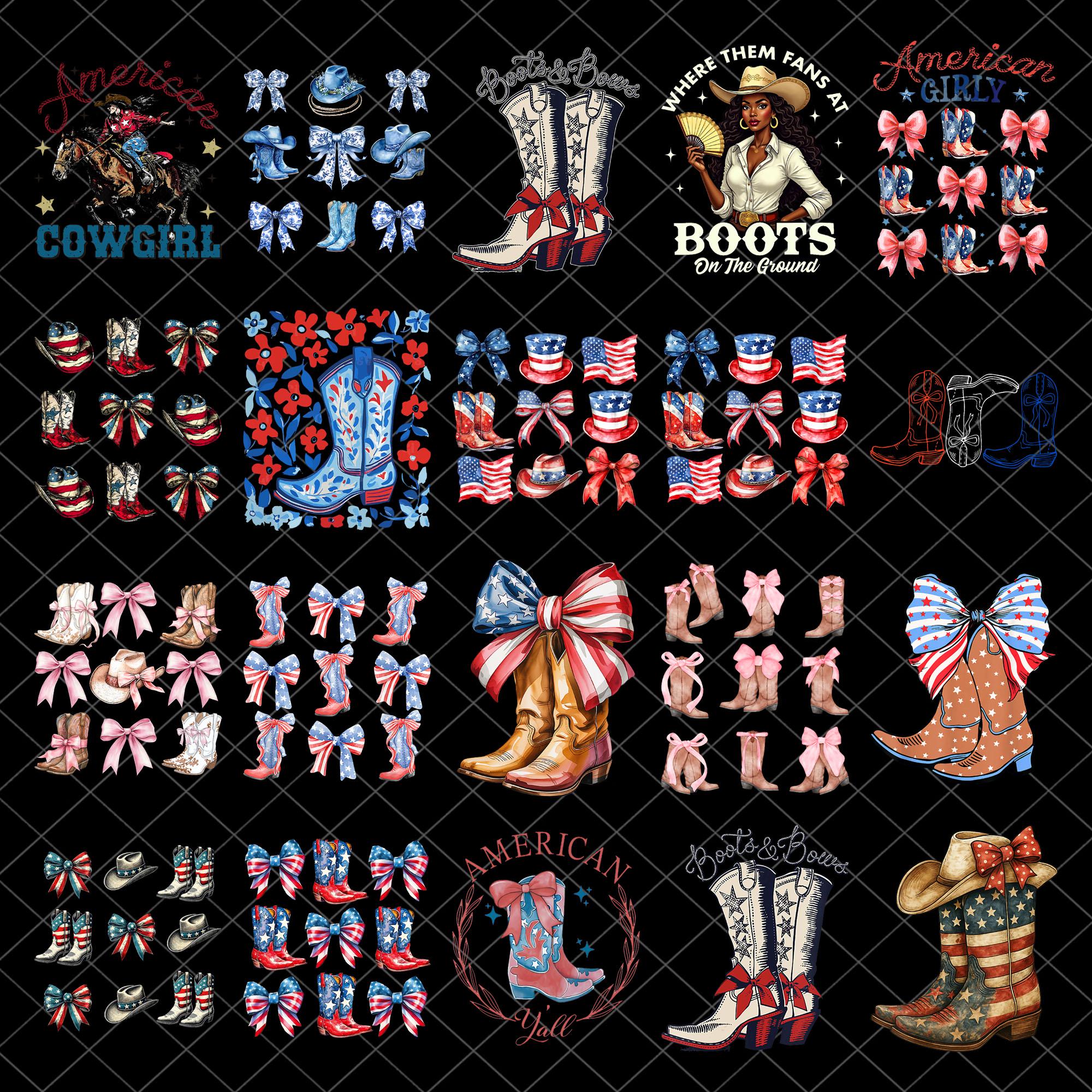 Patriotic Coquette Cowgirl Boots Png Bundle, Preppy 4th of July Western ...