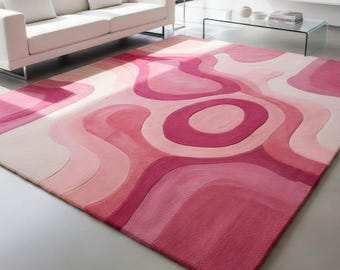 Hand Tufted Wool Rug, Pink Ombre Wavy 70s Retro Decor
