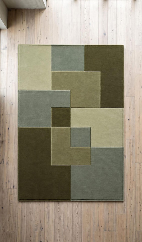 Hand Tufted Wool Green Color Block Rug, Olive Sage Geometric Puzzle Area Rug, 3D Carved Modern Abstract Rug, Mid Century Rug,Custom Size Rug