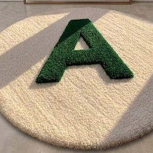 May include: A round, off-white rug with a large, green letter "A" in the center. The rug has a shaggy texture, and the letter "A" appears to be made of a grass-like material. The rug is a decorative home accent.