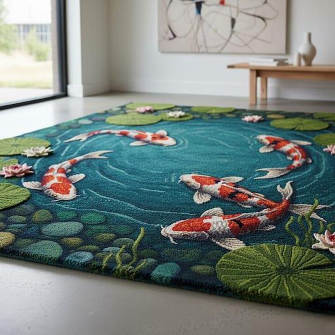 Fish Tuft Rug Hand Tufted Wool Koi Fish Rug, 3D Pond, Lily Pads, Nursery Decor - Etsy