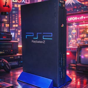 以下が含まれることがあります： 青いPS2ロゴが付いた黒いPlayStation 2コンソール。コンソールは青いスタンドにあり、赤い提灯と山のシルエットを特徴とする日本をテーマにした背景があります。