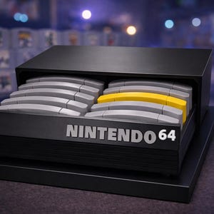 May include: A black Nintendo 64 game cartridge storage unit with the words "NINTENDO 64" in silver. The unit is open, revealing gray and yellow game cartridges. The unit sits on a black base.