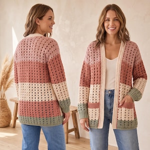 May include: A long-sleeve, open-front cardigan featuring horizontal stripes in shades of dusty pink, terracotta, cream, and sage green. The garment is crafted with a textured, open-knit crochet pattern, ribbed cuffs, and two front patch pockets.