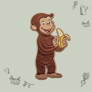 May include: Embroidered patch featuring a smiling brown monkey holding a peeled yellow banana. The monkey has a light brown face and is standing upright. The patch is likely for clothing or accessories.