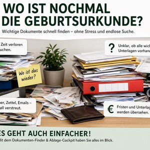 May include: A cluttered desk with stacks of paper, a blue binder, a red binder, a small potted plant, a brown wallet, and a coffee mug. Text overlays include 'WO IST NOCHMAL DIE GEBURTSURKUNDE?', 'Wichtige Dokumente schnell finden', and 'ES GEHT AUCH EINFACHER!'
