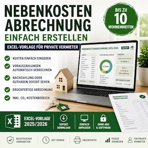 Op de afbeelding: Een digitaal Excel-sjabloon voor servicekostenafrekening voor maximaal 10 eenheden, weergegeven op een laptopscherm. De interface toont kostenoverzichten, een cirkeldiagram en de periode 2025/2026. Inclusief een houten huismodel en een document.