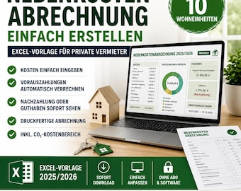 Nebenkostenabrechnung Excel Vorlage 2025/2026 für private Vermieter | Betriebskostenabrechnung bis  10 Wohneinheiten