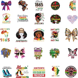 May include: A variety of Juneteenth-themed designs, including bows, butterflies, and graphic illustrations. The designs feature text such as "Juneteenth," "Freedom," and "1865," along with images of African American women and the African continent. The colour palette includes red, green, yellow, and black.