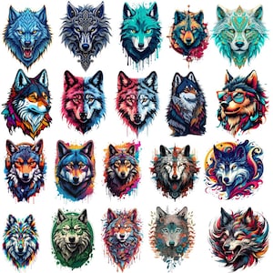 Puede incluir: Una colección de veinte ilustraciones distintas de cabezas de lobo con variados estilos artísticos, paletas de colores vibrantes y patrones intrincados. Cada retrato de lobo muestra expresiones faciales y texturas de pelaje únicas.