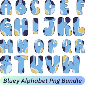 Puede incluir: Un alfabeto completo en mayúsculas, cada letra en azul claro con lunares azul oscuro y detalles amarillos. Las letras están en una fuente redondeada y juguetona. El texto "Bluey Alphabet Png Bundle" está en la parte inferior.