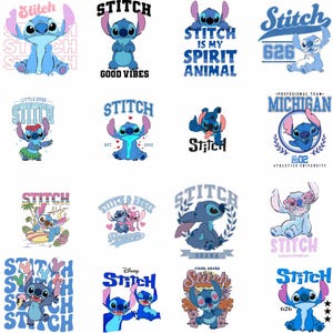 May include: A collection of Stitch character designs in various poses and styles. The designs feature the blue alien with text like "Good Vibes", "Spirit Animal", and "626". Some designs include floral and tropical elements.