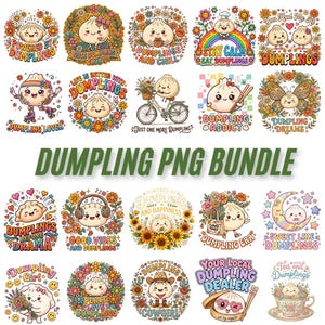 May include: A digital collection of twenty circular illustrations featuring anthropomorphic dumplings with various expressions, surrounded by colorful floral patterns, rainbows, bicycles, and text including phrases like Dumpling Lover and Dumpling Era.
