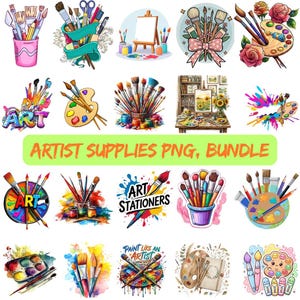 May include: A digital collection of twenty individual illustrations featuring artist supplies including paintbrushes, wooden palettes, paint tubes, easels, and watercolor sets, with some designs incorporating the text ART, ART STATIONERS, and PAINT LIKE AN ARTIST.