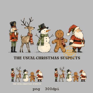 Op de afbeelding: Een digitale illustratie met een notenkraker, een rendier, een sneeuwpop, een peperkoekmannetje en de Kerstman. Onder de figuren staat de tekst THE USUAL CHRISTMAS SUSPECTS. Kleinere versies van deze figuren worden eronder herhaald.
