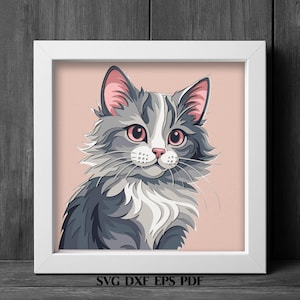 May include: A square white frame containing a digital illustration of a fluffy grey and white cat with large pink eyes and a pink nose, set against a solid light pink background. The text SVG DXF EPS PDF is printed in black at the bottom.