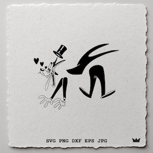 May include: A black graphic illustration of a cartoon wolf character wearing a top hat, with three small hearts floating near its head. The character is depicted with an exaggerated wide grin, long tongue, and extended limbs. Text reads SVG PNG DXF EPS JPG.