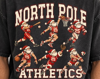 North Pole Athletics Png, Sports Santa Christmas, Retro Varsity Baseball Basketball Football Volleyball, Christmas Shirt Sublimation