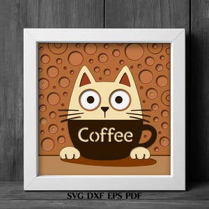 Coffee Cat Shadow Box Svg, Layered Cat Coffee Cup Svg, 12 Layer 3D Paper Cut Template, Cricut Glowforge Laser Cut File, Kitchen Decor Gift