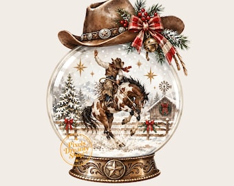 May include: A decorative snow globe featuring a brown cowboy hat on top with a red plaid bow, pine branches, and berries. Inside, a cowboy rides a brown and white spotted horse in a snowy landscape with a barn, fence, and star accents.