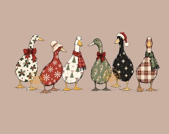 May include: A digital illustration of six ducks standing in a row. The ducks are decorated with various holiday patterns including holly, snowflakes, Christmas trees, candy canes, stars, and plaid, wearing scarves and hats.