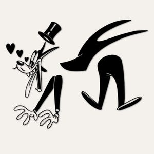 May include: A black graphic decal featuring a cartoon wolf wearing a top hat, with three small hearts floating nearby. The design includes a separate section showing the wolf's lower body and legs in a dynamic, mid-stride walking motion.