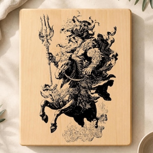 Poseidon SVG, Vintage griechische Gott Gravurdatei, Neptun Pferd Laser Cut Design, Dreizack CNC Vektor, Mythologie Holzschild, Glowforge Wandkunst