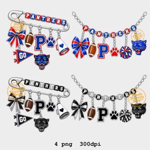 May include: Four digital illustrations of sports-themed charms featuring the word PANTHERS. Two designs are on safety pins and two are on chains. Charms include bows, footballs, the letter P, paw prints, megaphones, pennants, and panther heads.