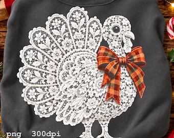 Lace Turkey Png, Christmas Turkey with Red Plaid Bow, Faux Embroidery Design, Vintage Christmas Shirt Png, Sublimation