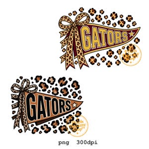 Könnte beinhalten: Zwei digitale Grafikdesigns mit Wimpeln und dem Text GATORS. Ein Wimpel ist kastanienbraun mit goldener Schrift und einer Schleife im Leopardenmuster, der andere ist braun mit schwarzer Schrift und einer Leoparden-Schleife. Beide haben Leopardenmuster.