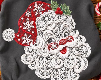 Lace Santa Png, Faux Embroidery Santa Face, Red Snowflake Hat, Retro Christmas Png, Christmas Shirt Sublimation Design