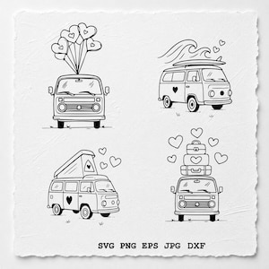 May include: A set of four black and white line art illustrations featuring camper vans. One van has heart balloons, another has a surfboard and wave, one has a pop-top roof, and one carries stacked luggage. Text at the bottom reads SVG PNG EPS JPG DXF.