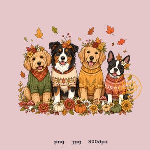Puede incluir: Una ilustración digital de cuatro perros con suéteres y coronas de flores, rodeados de hojas de otoño, calabazas y setas. Los perros incluyen un golden doodle, un pastor australiano, un golden retriever y un bulldog francés.