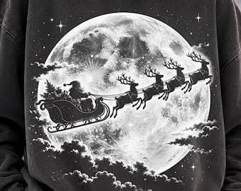 Santa Sleigh Full Moon Png, Flying Reindeer Christmas Night Sky, Vintage Holiday Silhouette, Black Shirt DTF Design, Winter Sweatshirt Print