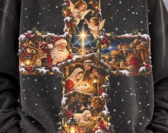 Nativity Cross Png, Christian Christmas Scene with Baby Jesus, Santa and Three Wise Men, Vintage Religious Christmas Shirt, Sublimation png