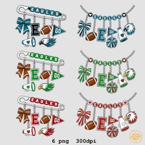May include: A digital illustration set featuring six sports-themed designs. Each design includes a safety pin or chain adorned with beads spelling EAGLES, a bow, a football, a letter E, a GO pennant, a megaphone, a pom-pom, and an eagle head.