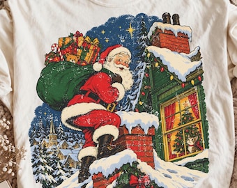 Santa on Rooftop Christmas Png, Vintage Santa with Gift Sack, Snowy Chimney, Cozy Cottage, Nostalgic Christmas Eve DTF Shirt Sublimation Art
