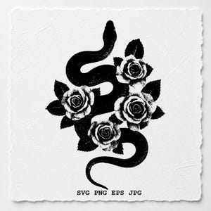Ormros Svg, Blommig orm lasergraveringsfil, Gotisk orm Png, Träskylt i vintage-tatueringsstil, LightBurn Glowforge xTool Design