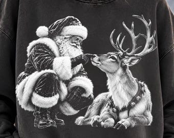 Santa Reindeer Png, Black White Christmas Png, Vintage Santa Claus Art, Retro Holiday Shirt Design, Winter Sublimation DTF Printable Clipart