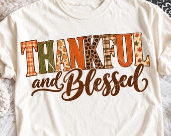 Thankful and Blessed Png, Retro Thanksgiving Shirt Design, Leopard Print Plaid Typography, Fall Sublimation, Autumn Quote