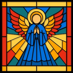 May include: A stained glass window panel featuring a central angel figure with a yellow halo, blue robes, and large orange and red wings. The background consists of geometric rays in shades of blue, teal, yellow, and red, all outlined in black.