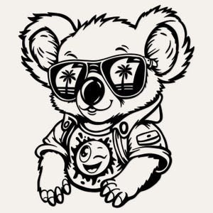 May include: A black and white line art illustration of a koala wearing sunglasses. The lenses reflect palm trees. The koala wears a shirt featuring a winking sun graphic. The design is rendered in bold, clean lines against a plain background.