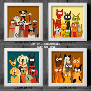 May include: A set of four white square shadowboxes featuring colourful cartoon illustrations of cats and dogs. The artwork displays groups of animals with wide eyes and distinct expressions. Text at the bottom reads SET OF 4 SHADOWBOXES CATS AND DOGS.