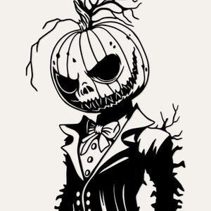 May include: A black metal wall art piece featuring a stylized figure with a carved pumpkin head topped with bare, leafless branches. The figure wears a formal suit jacket with a bow tie and buttons, with jagged, branch-like textures on the sleeves.