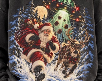 Alien Christmas Png, Santa and Reindeer UFO Abduction, Funny Christmas Png, Retro Christmas Shirt Design, Vintage Holiday Sublimation